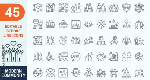 Modern community and social work line icons mega set. Vector illustration of charity donation, non profit organization, volunteers teamwork, disabled accessibility help, diversity equity, outline