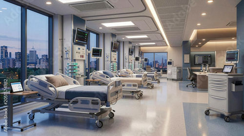 Modern empty hospital ward with advanced medical equipment, monitors, and patient beds in a high-tech intensive care unit overlooking a city skyline.