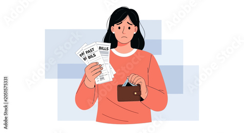 Woman holding bills and empty wallet, looking worried about financial problems and debt.