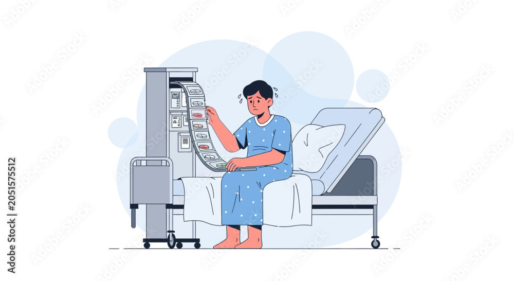 Fototapeta premium Worried Patient in Hospital Gown Examines Long List of Medical Test Results Issued by Machine, Healthcare Concept