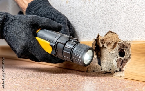 Hand in Black Glove Using Flashlight to Inspect Hole in Wall Near Wooden Floor