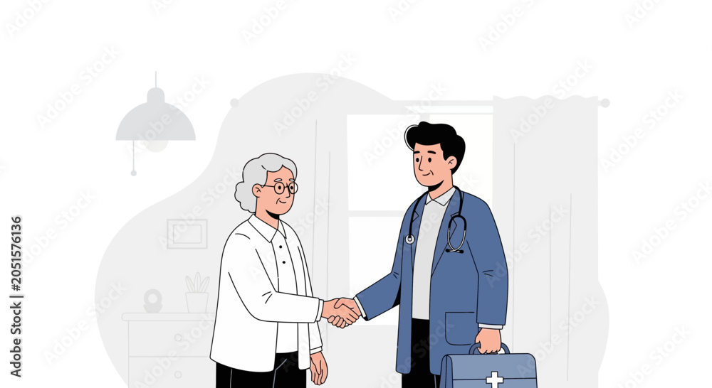 Fototapeta premium Doctor shakes hand with elderly patient, medical consultation, healthcare concept