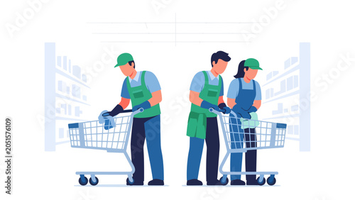 Canvastavla Supermarket Cleaning Crew: A team of diligent workers in uniform meticulously cleans shopping carts in a bright, modern supermarket aisle, ensuring a hygienic shopping experience