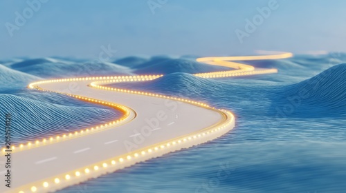 Illuminated winding road through snow-covered mountains under clear sky