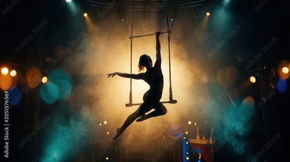 Obraz premium An acrobat in motion during a trapeze aerial routine illuminated by a warm golden spotlight.