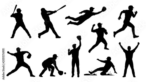Tableau sur toile Baseball player silhouettes set with batting pitching fielding and running actio