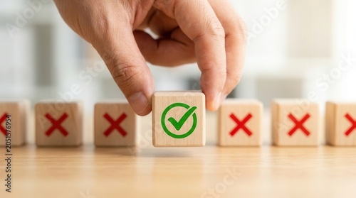 A person choosing a correct option with a green checkmark amidst red disapproval signs.