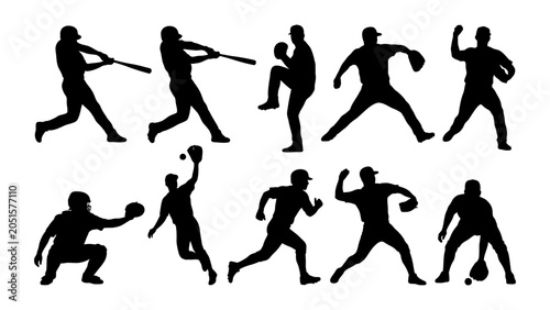 Bild auf Leinwand Baseball player silhouettes in action poses including batting pitching and catch