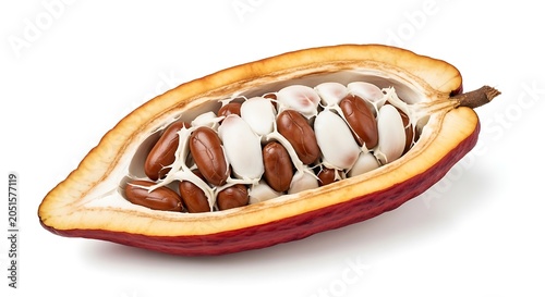 Freshly cut cocoa pod with beans isolated on white background