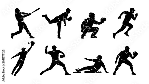 Obraz na płótnie Baseball player silhouettes set with pitcher batter catcher and fielder vector i