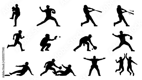 Tableau sur toile Baseball player silhouettes set with various game actions including pitching bat
