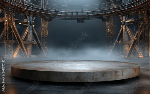 Industrial Circular Stage Inside Factory with Metal Framework and Fog