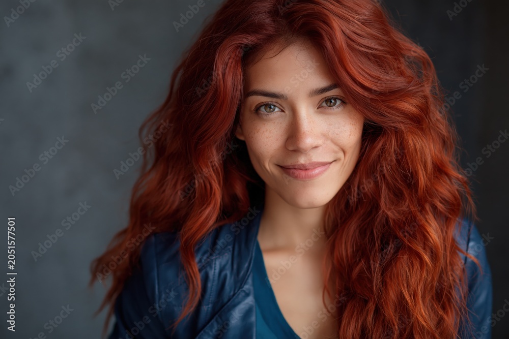 Fototapeta premium Woman with red hair smiling in neutral indoor setting