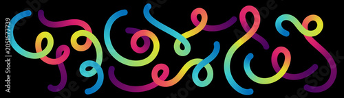 Abstract panoramic banner featuring a creative curved gradient line with vibrant fluid loops on dark background