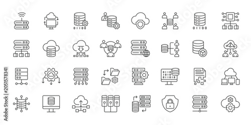 Database Management icons in line design. database, data, server, storage, cloud, backup, management on white background vector. Database Management editable stroke icons.