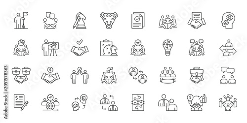 Business Negotiations icons in line design. business negotiations, meeting, deal, agreement, handshake, contract, discussion on white background vector. Business Negotiations editable stroke icons.