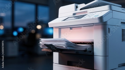 Close-up of a modern office printer processing a stack of paper in a business environment.