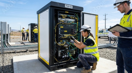 Field technician team servicing outdoor modular data pod with cabling and testing equipment for industrial site background and banner design