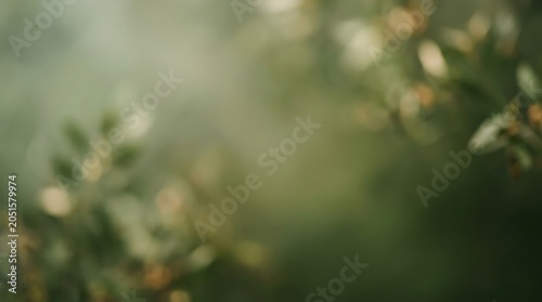 Blurred nature background featuring vibrant green foliage and soft light creating ethereal atmosphere.
