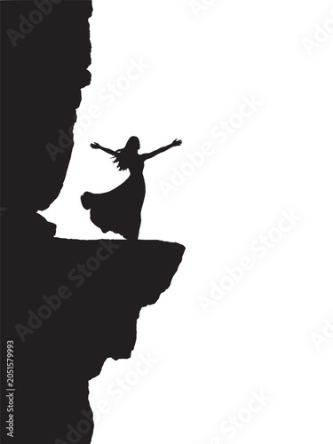 Bilde på lerret A woman standing on a cliff edge with arms outstretched a striking black silhoue