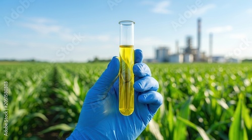 A researcher examining liquid bioethanol in a test tube with a green farm and refinery in the background.