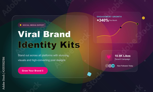 Viral brand identity kit design with growth chart and social media icons
