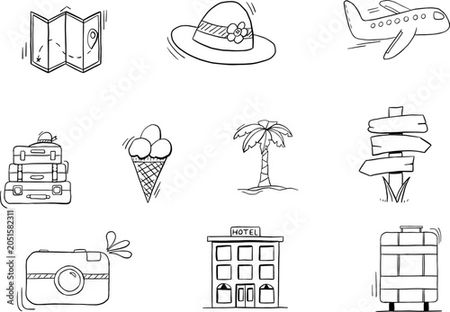 Hand drawn travel and summer vacation doodle elements set airplane suitcase map camera black line art
