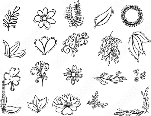 Hand drawn floral and nature doodle elements set flowers leaves heart wreath laurel black line art