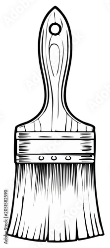 A classic paintbrush with a wooden handle shown in a detailed black and white vintage line art style
