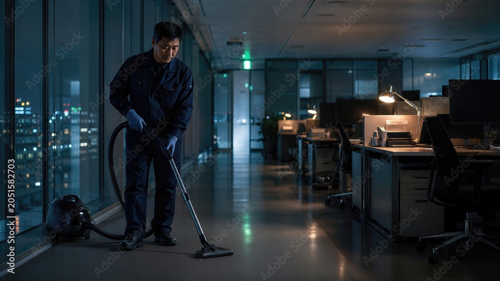 Obraz premium Asian man cleaner vacuuming office floor at night. Janitor working late shift in dark business center. Professional janitorial service and building maintenance industry concept.