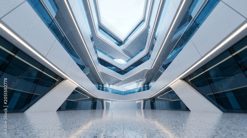 Fototapeta premium Modern office interior, futuristic architecture, sleek corridor, minimalist design