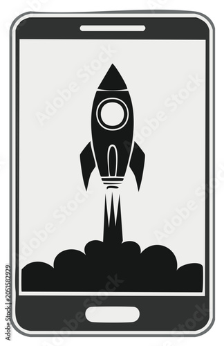 Digital rocket launch from mobile device screen startup technology concept