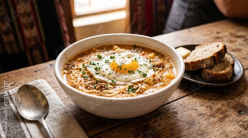 Traditional Peruvian Sopa a la Minuta - Creole Beef and Noodle Soup with Egg and Milk