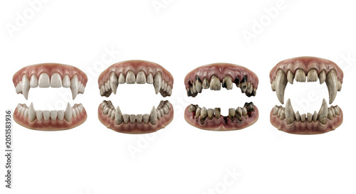 Konstfotografi Vampire and monster fangs with different tooth decay levels, isolated on transpa