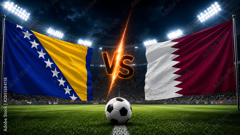 Naklejka premium A conceptual image featuring the flags of Bosnia and Herzegovina and Qatar facing each other on a soccer pitch, with a ball and a glowing VS sign.