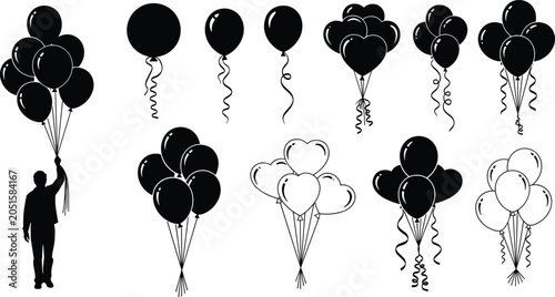 Balloon silhouette collection, heart and round shapes, celebration design, party decoration concept, person holding balloons illustration for festive theme - flat vector illustration