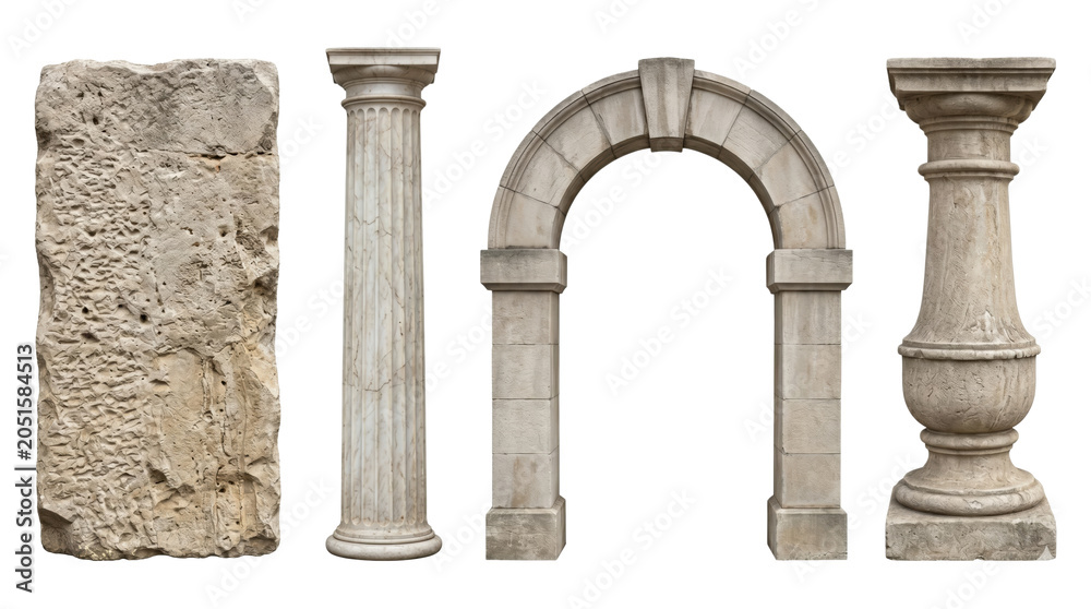 Naklejka premium Antique marble column arch and stone architectural elements, isolated on transparent background