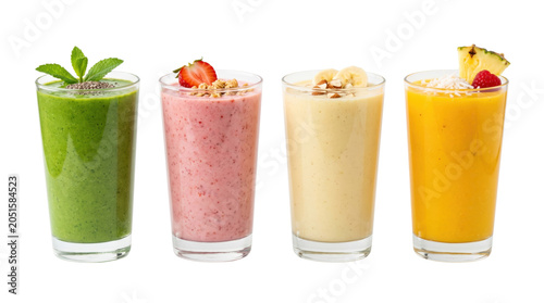Schilderij op canvas Delicious healthy fruit and vegetable smoothies assortment isolated on transpare