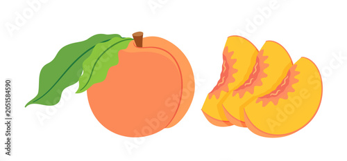 Whole ripe peach with green leaves and three cut fruit slices. Hand drawn trendy flat style isolated. For stickers, menu, poster, food packaging, recipe blogs, organic grocery branding, kitchen decor