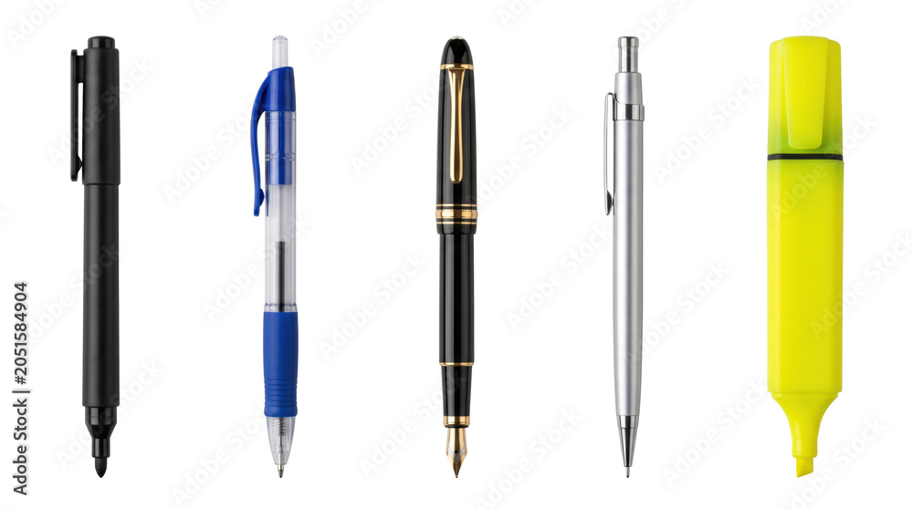 Fototapeta premium Elegant writing instruments and highlighter pen set, isolated on transparent background
