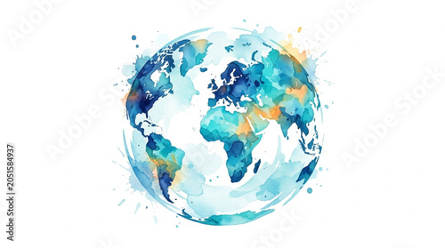 Watercolor Earth Globe Artistic Representation Splash Effect.