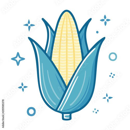 Stylized corn cob icon with blue leaves and sparkles