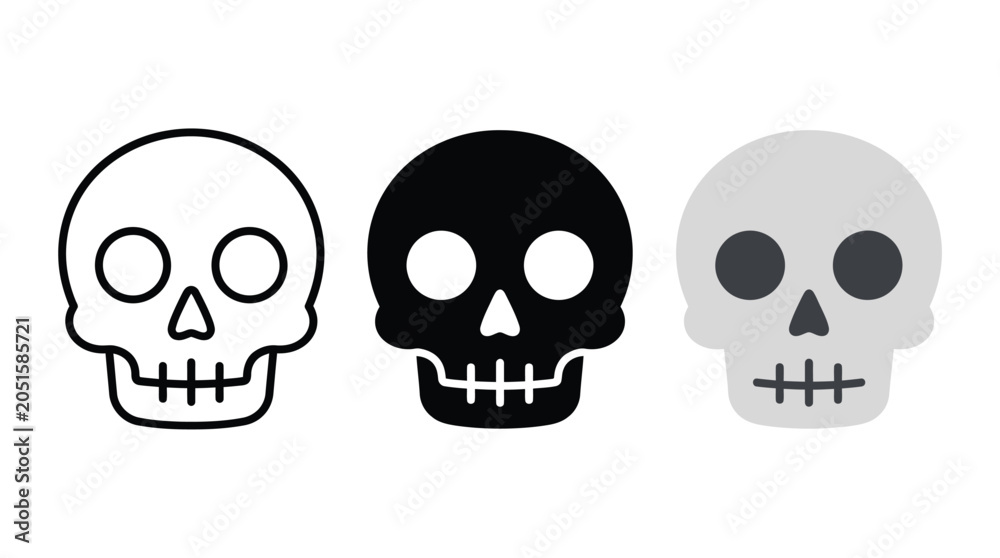 Obraz premium Three stylized human skull vector illustrations featuring distinct outline solid and halftone graphic design elements