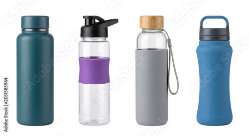 фотографія Assorted reusable sports water bottles, isolated on transparent background