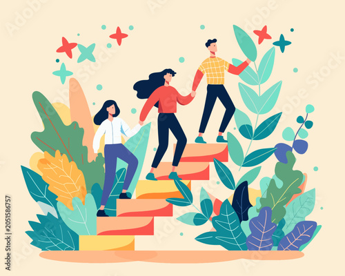 Three people are climbing stairs amidst abundant plants, illustrating teamwork and support to reach higher goals, a metaphor for career growth.