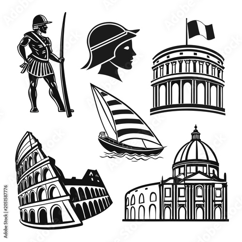 Tablou pe pânză Collection of iconic symbols representing ancient rome a gladiator a sailboat