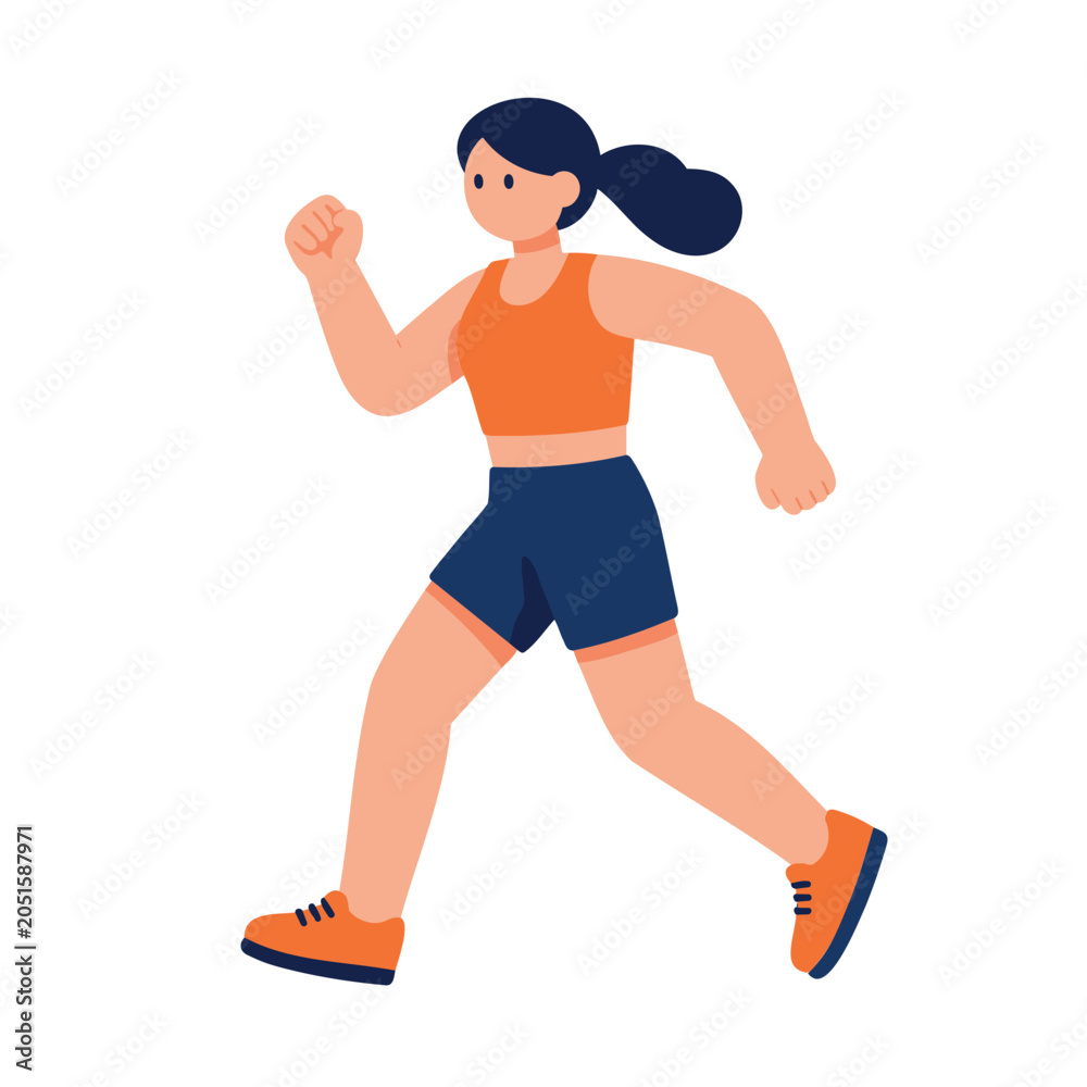 Fototapeta premium Illustration of a young woman jogging with an orange top and blue shorts