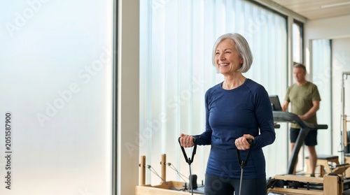 Cheerful senior woman performs bicep curls with resistance bands inside a bright modern gym, off-center composition with copy space.
