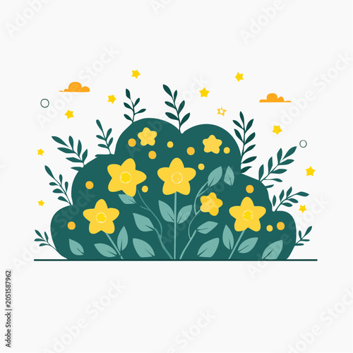 Stylized Yellow Flowers and Green Bush with Stars and Clouds
