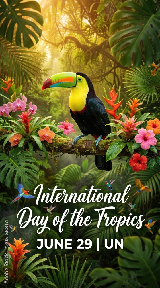 Fototapeta premium Vibrant tropical rainforest with colorful toucan on branch